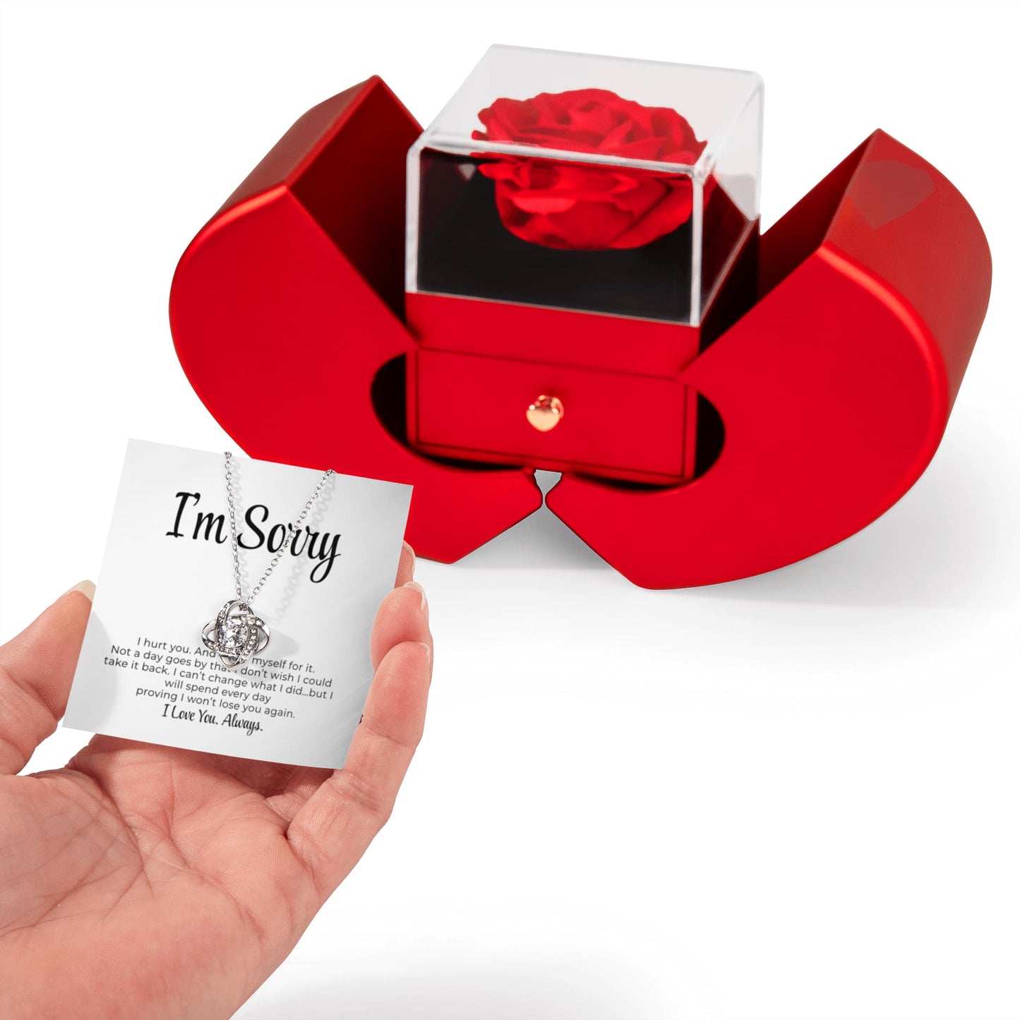 Apology Gift For Her - Love Knot Necklace with Red Heart Rose Box