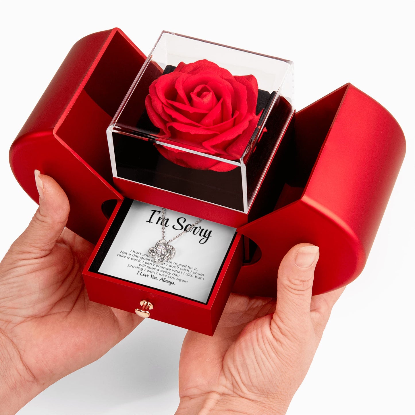 Apology Gift For Her - Love Knot Necklace with Red Heart Rose Box