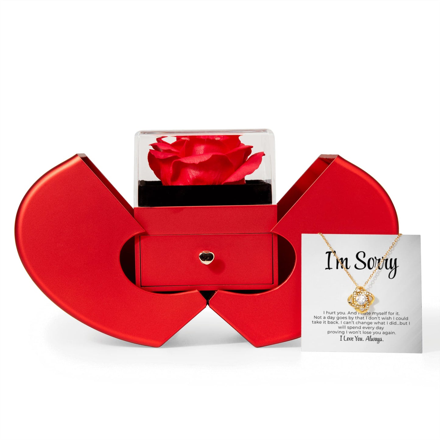 Apology Gift For Her - Love Knot Necklace with Red Heart Rose Box