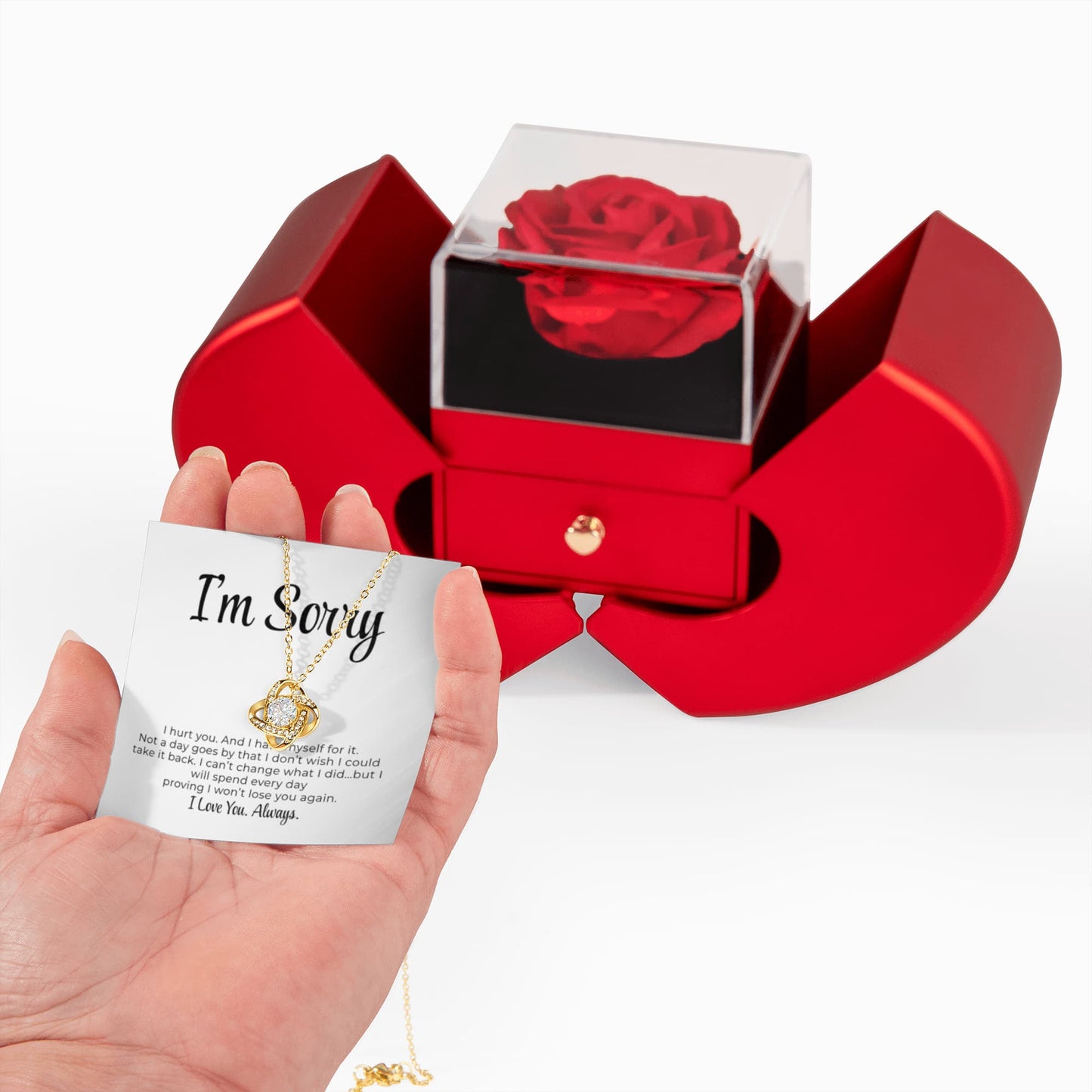 Apology Gift For Her - Love Knot Necklace with Red Heart Rose Box
