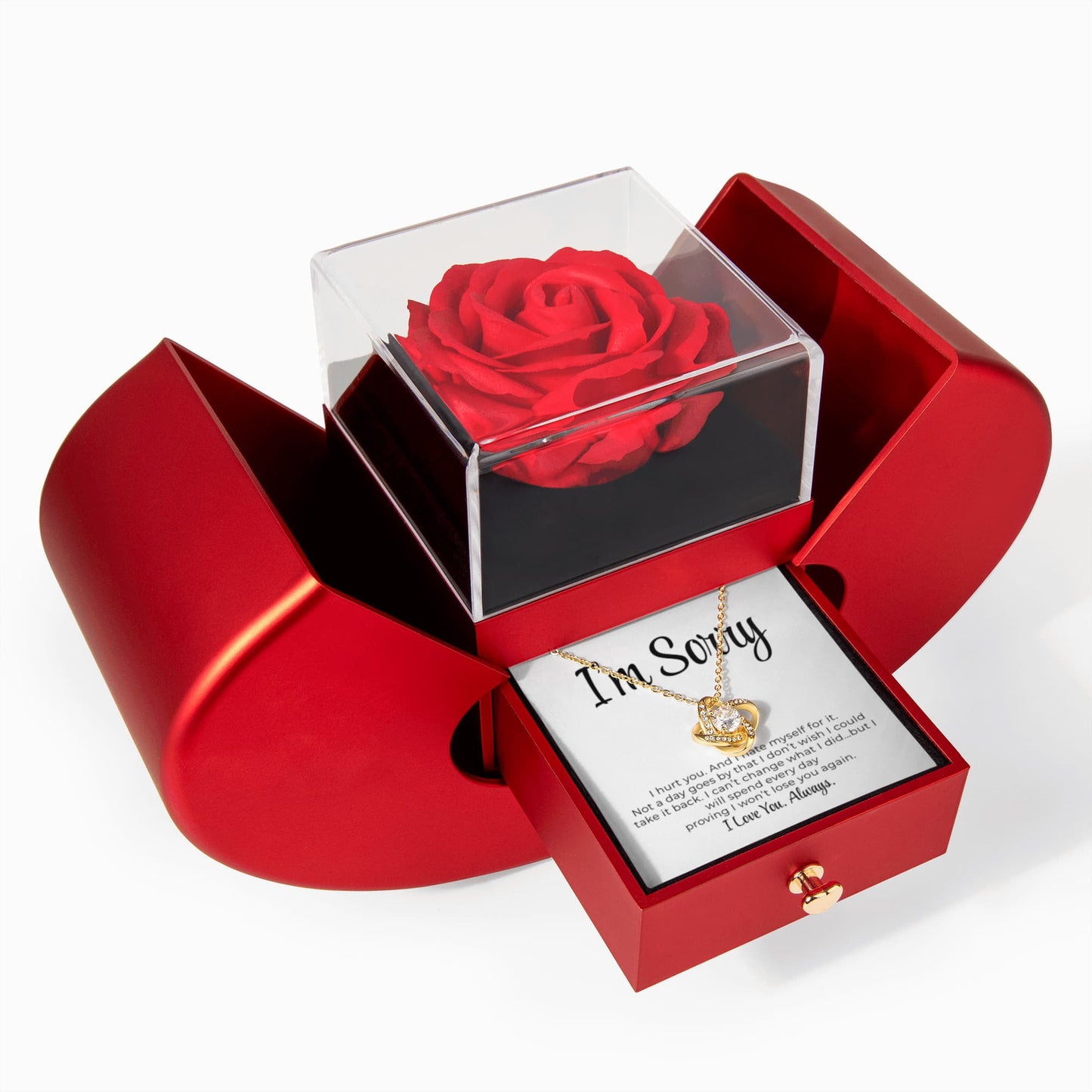 Apology Gift For Her - Love Knot Necklace with Red Heart Rose Box